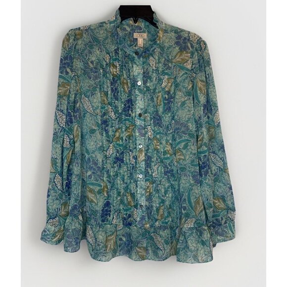 LOGO Lori Goldstein Floral Chiffon Ruffle Collar Pintuck Top Sz S Fairy Peasant - Picture 1 of 9